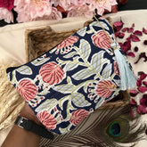Vriksham Dark Blue Floral Print Cotton Pouch, Purse for Women with Zipper-G19047